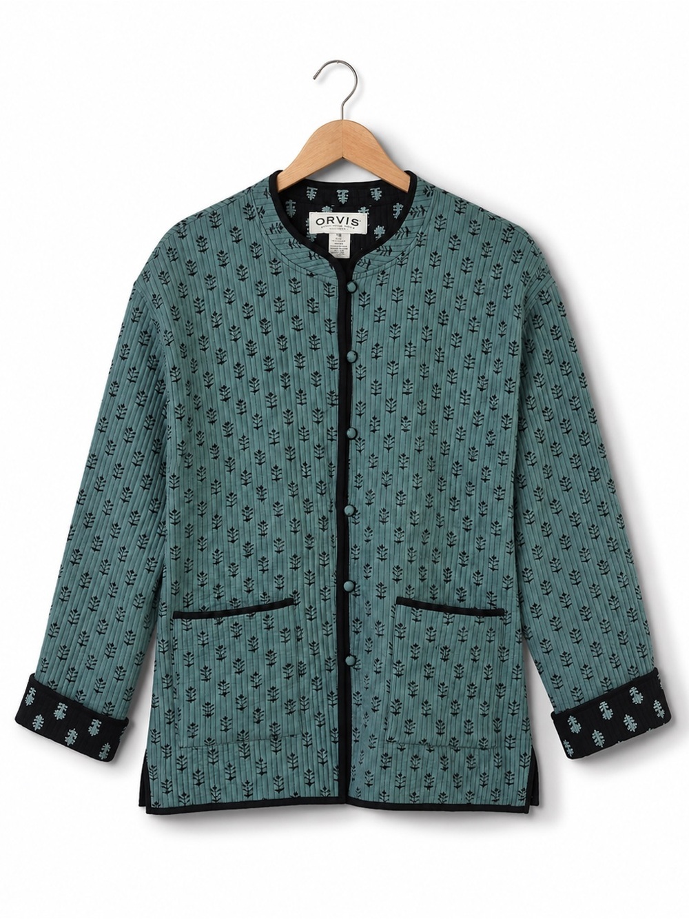 Orvis Quilted Jacket Blue Floral Print Button Front Cotton Coat Jacket XL
